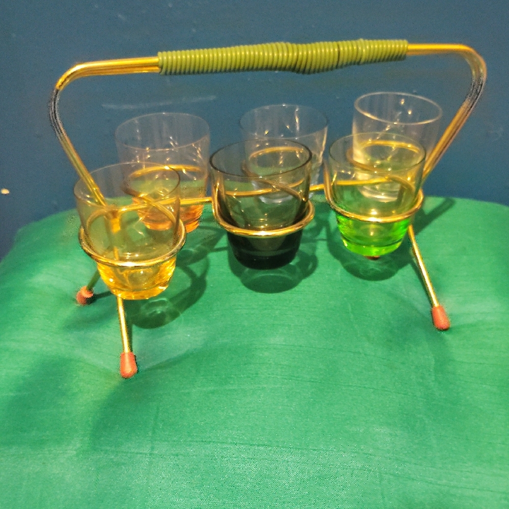 Vintage Mid-Century Glass Tumbler Set with Gold Frame